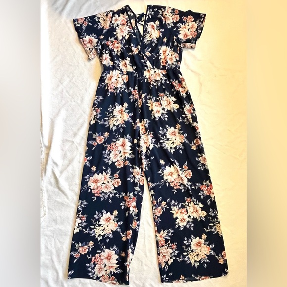 Xhilaration Floral Navy Pink Lightweight Polyester Blend Jumpsuit Women’s XXL - Picture 1 of 16